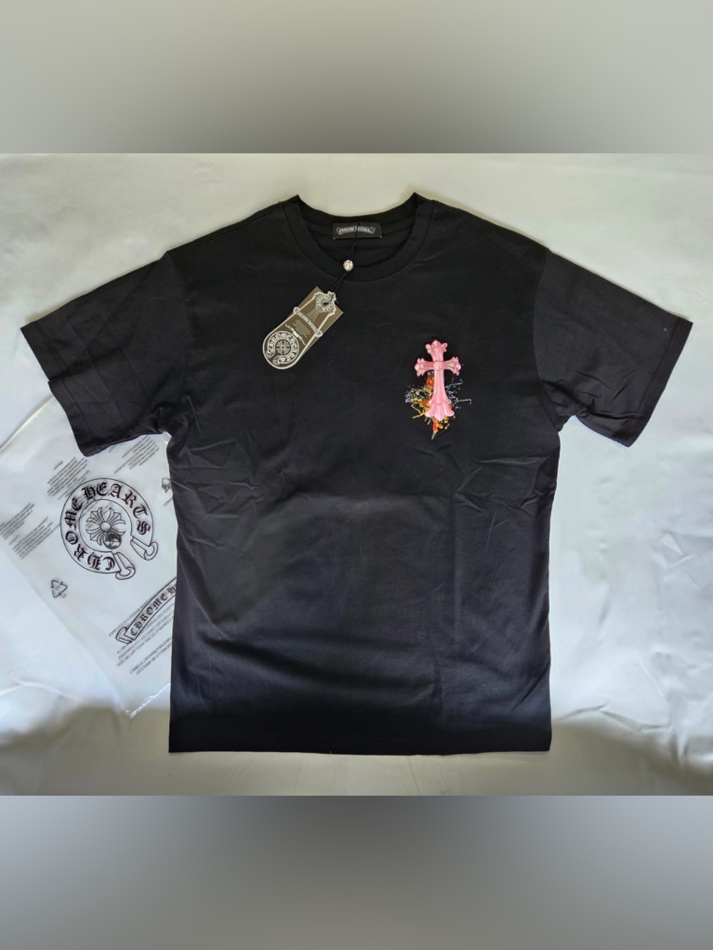 Chrome Hearts Black Short Sleeve Tee with Pink Cross Graphic